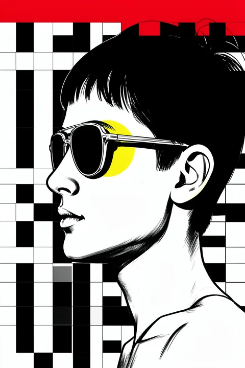 Graphic Pop Profile. A black-haired woman in dark sunglasses is shown in profile over a black-and-white checkerboard, with a yellow circle and red band behind her.