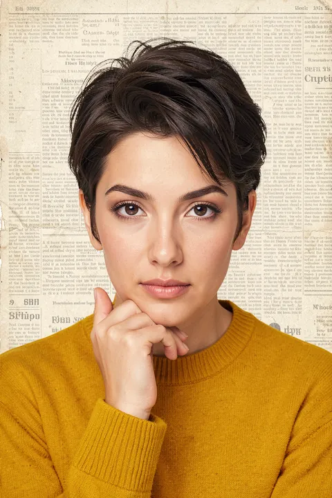 Pop Art Wow Woman. A short-haired woman in a mustard sweater rests her chin on one hand against a newspaper-print collage.