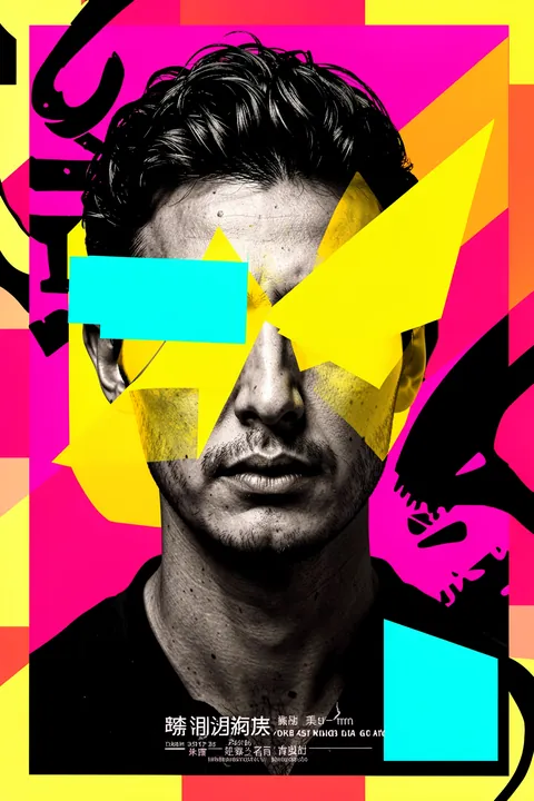 Vibrant Abstract Portrait. A monochrome male portrait is partly covered by bold hot-pink, yellow, cyan, and orange geometric shapes, with small stylized lettering below.
