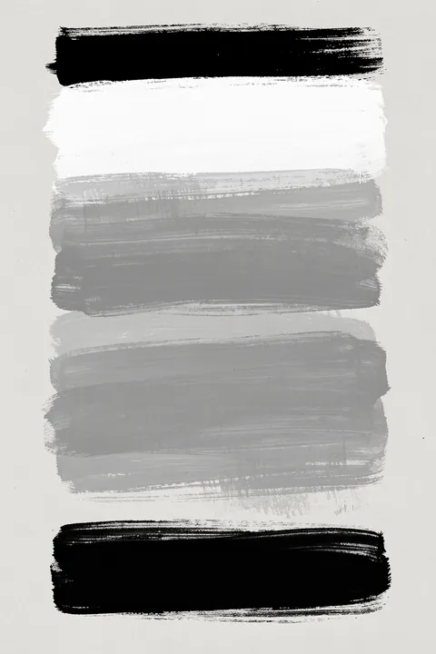 Abstract Brush Strokes 79. Five stacked horizontal brushstrokes in black, white, and shades of gray sit on a pale background.