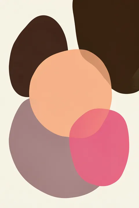 Graphic 240. Large overlapping rounded shapes in brown, dusty mauve, blush, and pink form an abstract pattern on cream.