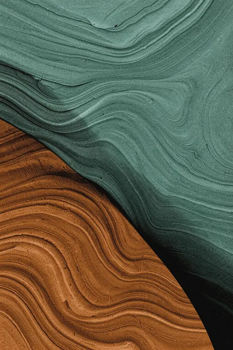 Gradient Desert Waves. Fine undulating bands in muted teal and rust sweep across a textured surface, meeting along a broad diagonal curve.