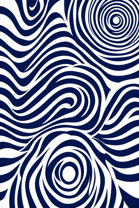 Abstract Blue Wave Pattern. Bold navy and white curving stripes form a flowing pattern with several concentric circular centers.