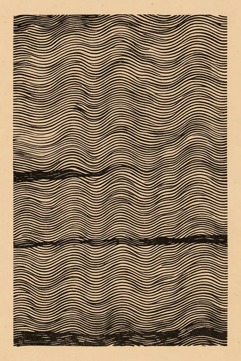 Curved Illusions. Dense black wavy lines cover a warm cream rectangle, interrupted by several irregular horizontal dark bands.
