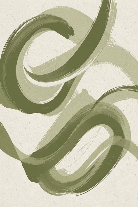 Flowing Earth Patterns. Broad olive-green brushstrokes loop and cross over a lightly textured ivory background.