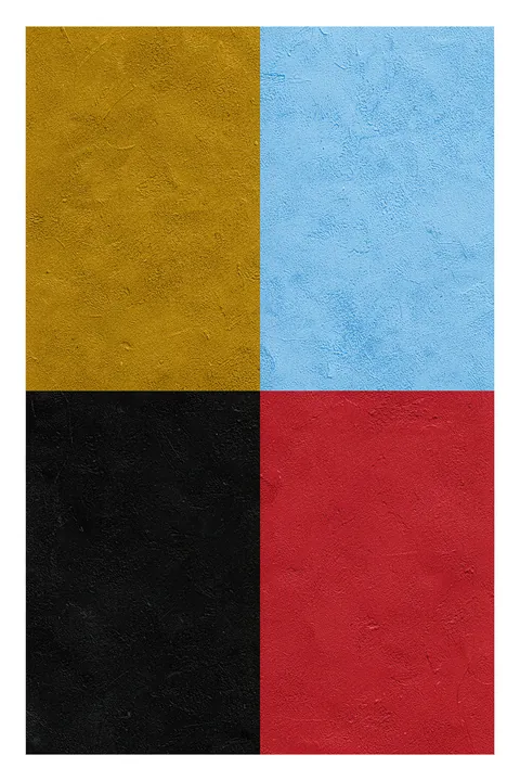 Geometric Color Blocks. Four textured color fields—ochre, pale blue, black, and red—meet in a simple rectangular grid.
