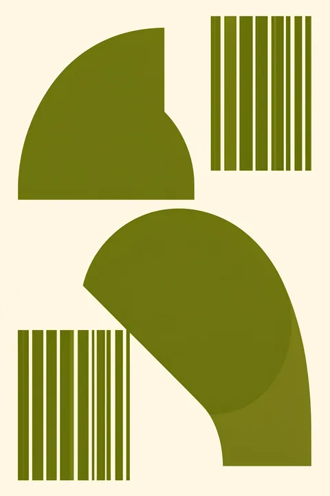 Geometric Harmony. Olive geometric forms, curved blocks, and groups of narrow parallel bars are arranged on a pale cream ground.