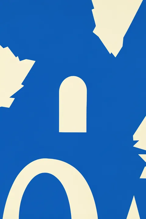 Organic Blue Abstract. Large irregular cream shapes cut through a vivid blue field, including a narrow arch-like opening near the center.