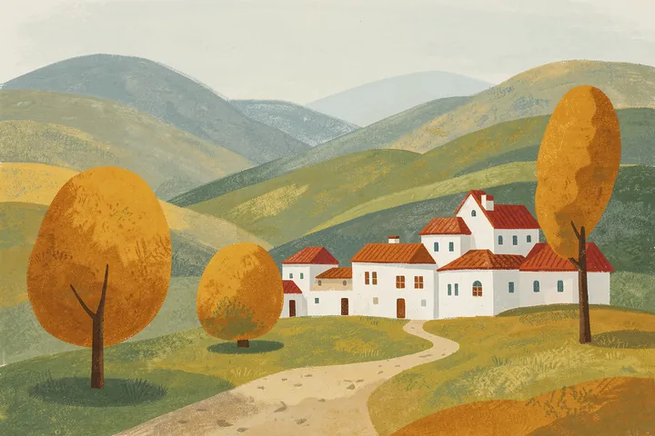 Peaceful Orange Tree Village. White houses with red roofs sit along a winding path among rounded orange trees, layered green hills, and a pale sky.