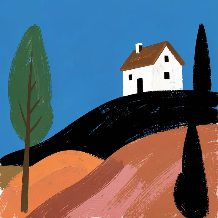 Tuscan Twilight Scene. A small white house with a rust-colored roof stands on a dark hill between tall trees beneath a clear blue sky.