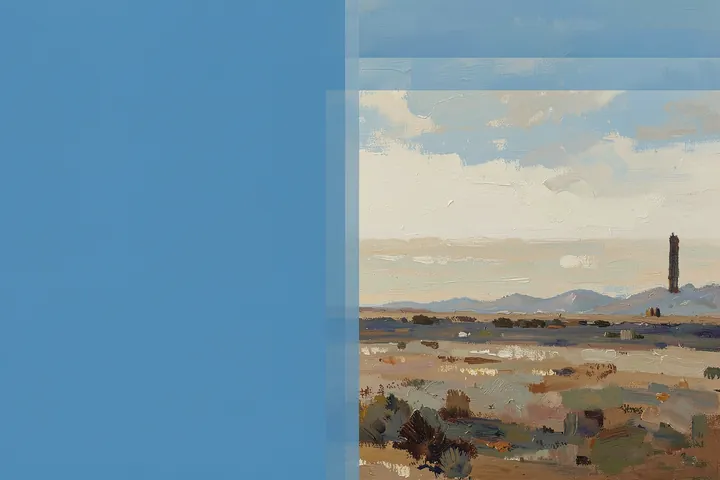 Warm Desert Seascape. A painterly landscape with pale layered sky, distant low hills, and scrubby ground sits beside a broad blue vertical panel; a slender tower rises at right.