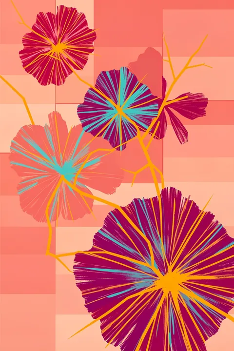 Vibrant Abstract Flowers. Large magenta and turquoise radial flowers with yellow centers overlap on a patchwork coral background, joined by thin yellow stems.