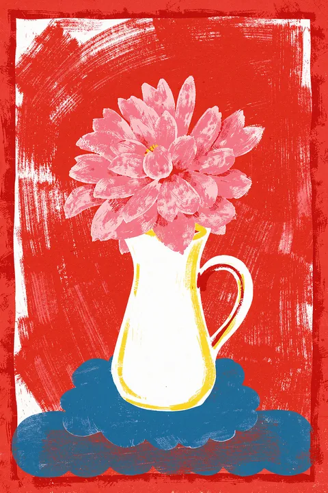 Vibrant Floral Pitcher. A white pitcher holding one full pink bloom stands on a deep red brush-textured background above a blue base shape.