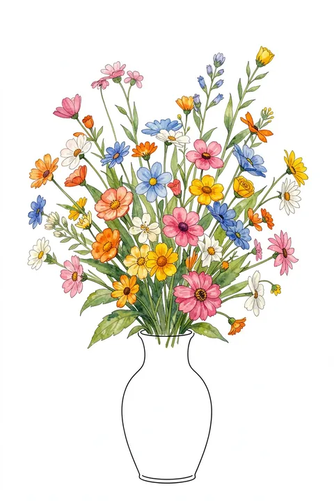Colorful Spring Bouquet. A loose bouquet of small pink, blue, yellow, orange, and white flowers rises from a simple outlined vase on white.