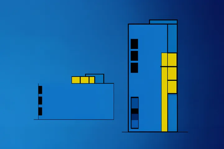 Yellow Balconies Blue Sky. Minimal blue building shapes with small yellow balcony-like blocks sit against a clear blue field.