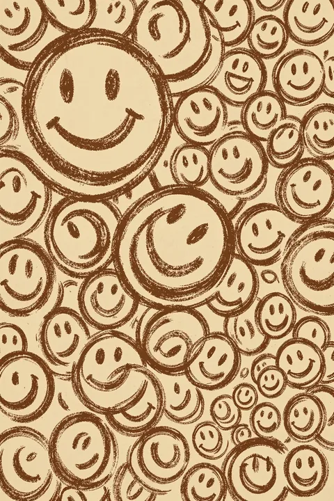 Joyful Faces Parade. Many hand-drawn brown smiley faces of different sizes fill a warm cream background.
