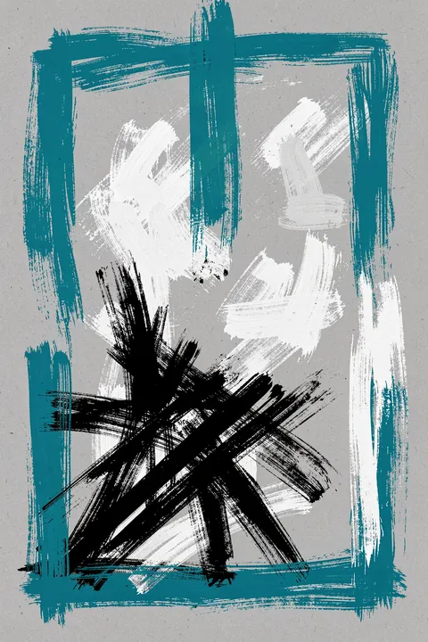 Abstract Blue Strokes. Rough teal, white, and black brushstrokes overlap within a loose rectangular frame on a pale gray background.