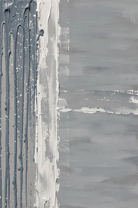 Textured Blue Abstract. Thick gray-blue and white vertical paint textures meet broad horizontal brush marks across a muted slate field.