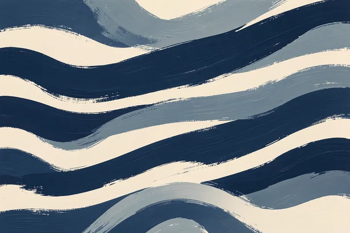Waves of Indigo. Broad navy, slate-blue, and cream brushstrokes form undulating horizontal bands.