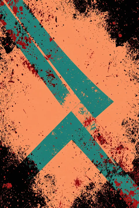 Distressed Geometric Pattern. Distressed teal geometric bands cross a coral field, with black and dark red speckling concentrated around the edges.
