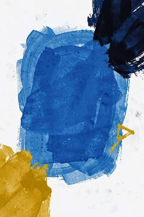 Blue Abstract Flow. Layered blue brush marks form an irregular central block, with dark navy and ochre strokes around it on a white ground.