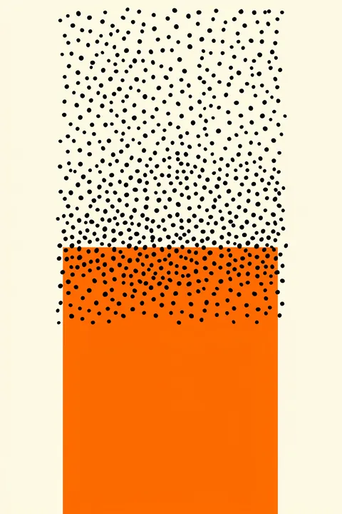 Playful Abstract Dots. Black dots vary in size and spacing over a cream field and continue across the upper edge of a bright orange rectangle.