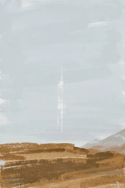 Serene Abstract Landscape. Broad pale blue-gray brushstrokes fill the upper field above a few warm brown horizontal strokes along the bottom.