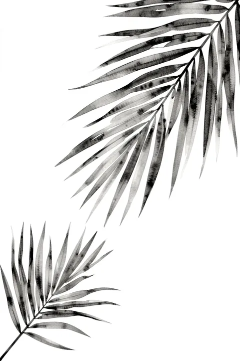 Tropical Leaf Watercolor. Two clusters of long gray-black watercolor leaves sweep diagonally across a clean white background.