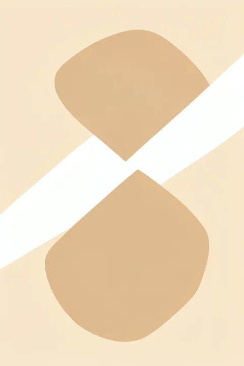 Flowing Beige Abstract. Two rounded tan forms are separated by a broad white diagonal band on a pale cream field.