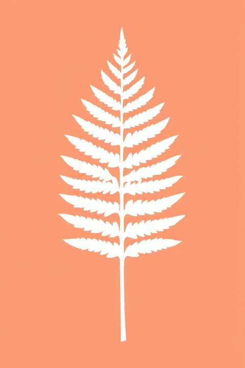 Minimalist Fern Leaf. A single white fern frond stands vertically against a flat muted coral background.