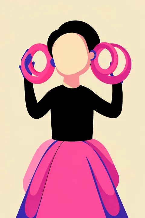 Abstract Pink Portrait. A simplified figure with blank oval face, black top, and bright pink skirt holds two large pink circular forms against cream.