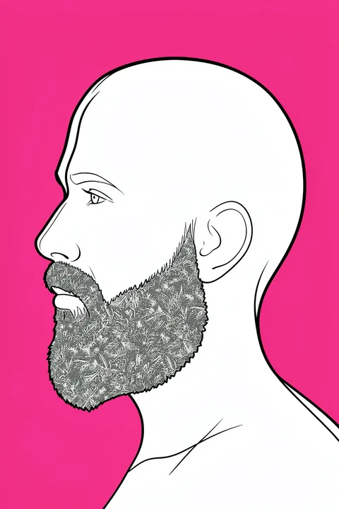 Ancient Profile Redux. A close profile drawing of a bald, bearded man faces left against a vivid magenta background.