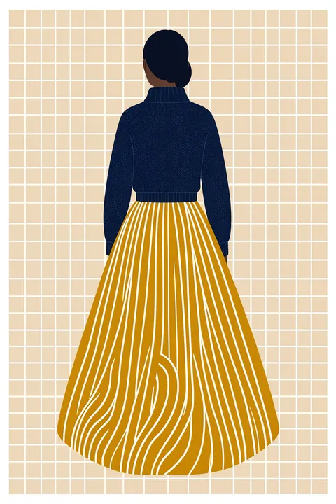 Blue Sweater Yellow Skirt. A woman seen from behind wears a dark blue sweater and a long ochre skirt with white vertical stripes before a cream grid.