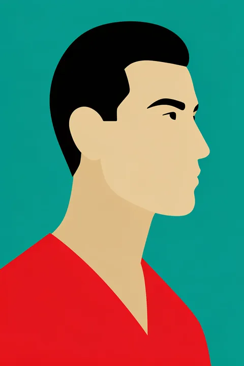 Bold Woman Profile. A stylized short-haired man in profile faces right, wearing a bright red top against a turquoise field.