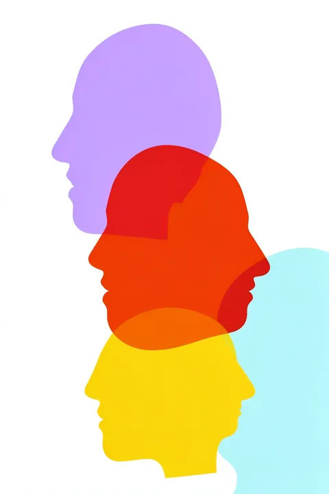 Colorful Faces Together. Three overlapping side-profile silhouettes in lavender, red-orange, and yellow are set against white and pale cyan.