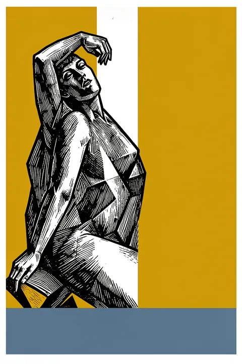 Expressive Abstract Figure. A black-and-white line drawing of a seated woman with one arm curved overhead appears between mustard panels above a blue band.