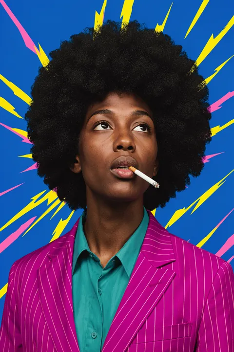 Intense Afro Smoker. A portrait shows a person with a large afro, a cigarette at the lips, and a magenta striped jacket against a vivid blue field with yellow and pink rays.