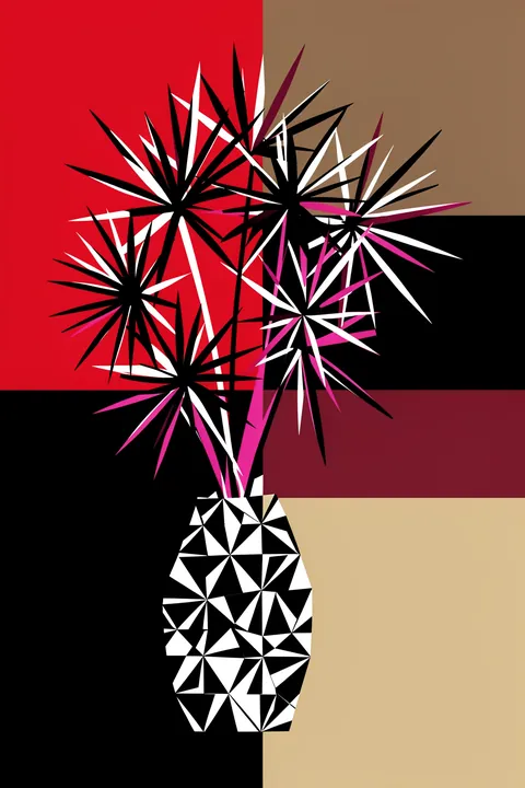 Abstract Floral Still Life. A geometric black-and-white vase holds sharp starburst flowers, set against red, brown, black and cream color blocks.