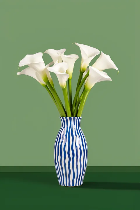 Abstract Floral Vase. White calla lilies stand in a blue-and-white striped vase against a sage-green wall and dark green tabletop.