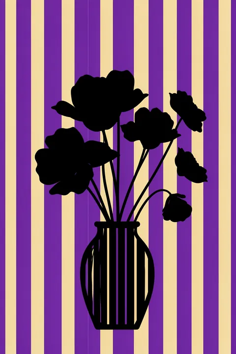 Bold Blooms in Vase. Black silhouetted flowers in a ribbed dark vase stand against alternating purple and pale-yellow vertical stripes.