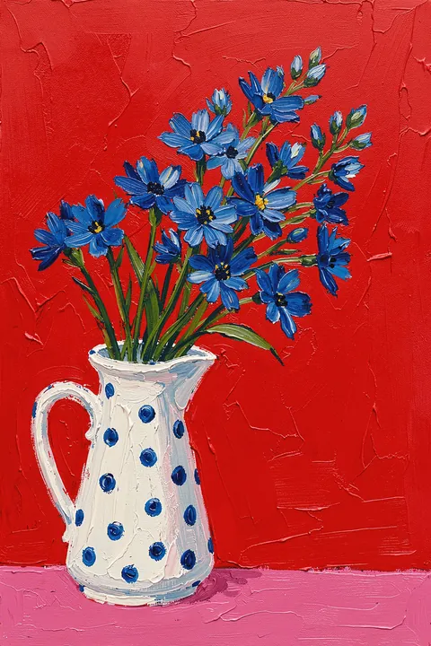 Flowers 2. Bright blue flowers in a white jug with blue dots sit against a textured red wall and pink tabletop.