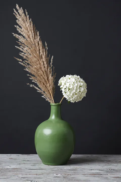 Green Vase Pampas Hydrangea. A green ceramic vase holds feathery pampas grass and a round white hydrangea bloom against a charcoal wall.
