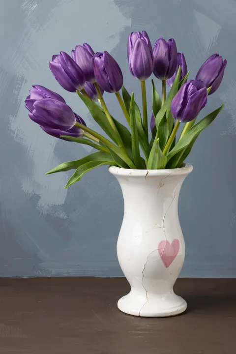 Purple Tulips In Vase. Purple tulips with green stems stand in a white vase on a brown surface against a brushy blue-gray wall.