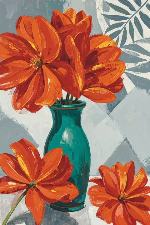 Vibrant Abstract Flowers. Large orange flowers in a teal-green vase overlap a pale background patterned with blue-gray leaves.