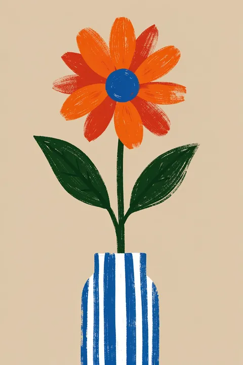 Vibrant Floral Arrangement. A single orange flower with a blue center and green leaves grows from a blue-and-white striped vase on tan.