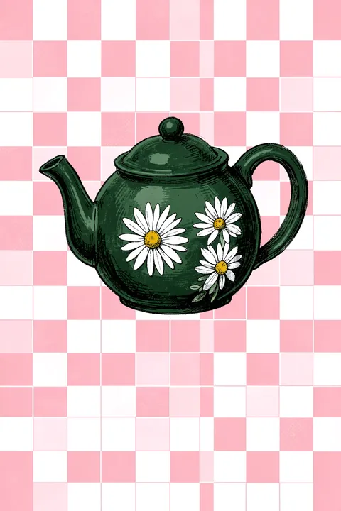 Pink Daisy Tea Party. A dark green teapot decorated with white daisies sits centered on a pink-and-white checkerboard.