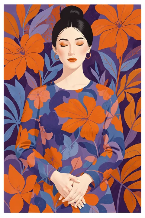 Woman In Flower Garden. A woman with closed eyes and dark hair in a bun is surrounded by large orange flowers and blue-violet leaves.