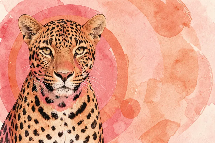 Vibrant Pink Leopard. A spotted big cat faces forward against layered pink and coral watercolor circles.