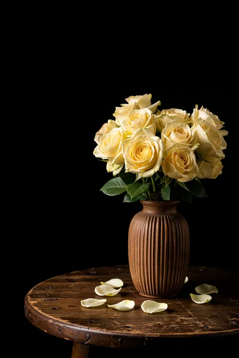 Elegant Rose Still Life. Cream roses and dark green leaves rise from a ribbed brown vase on a wooden table against black.