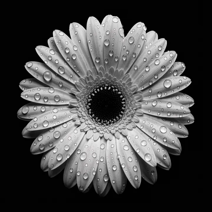 Monochrome Dewdrop Daisy. A grayscale daisy covered in round water droplets fills the center of a solid black background.
